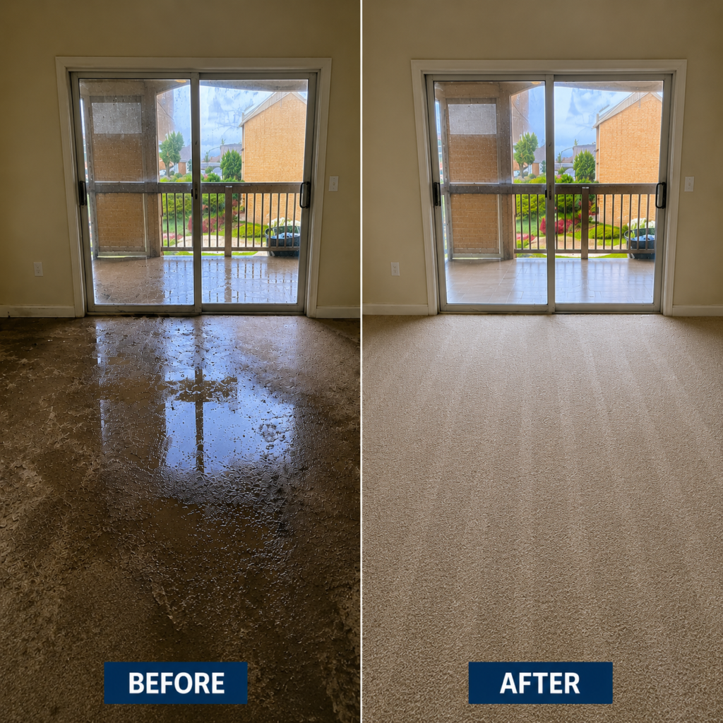 Split image: left side shows a sliding glass door with a wet, dark brown stained floor; right side shows the same area after cleaning with a light beige carpet.