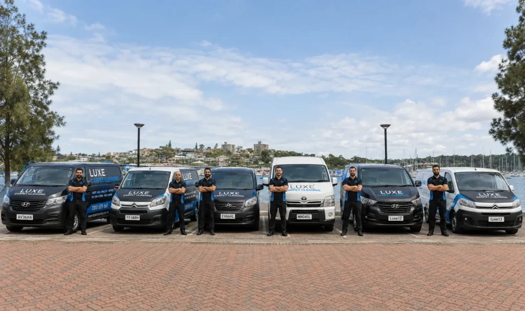 Eight Luxe Carpet Cleaning vans with uniformed technicians standing with arms crossed in front, lined up on a brick promenade by a marina with boats in the background. This conveys a team photo of a cleaning service fleet by the water.